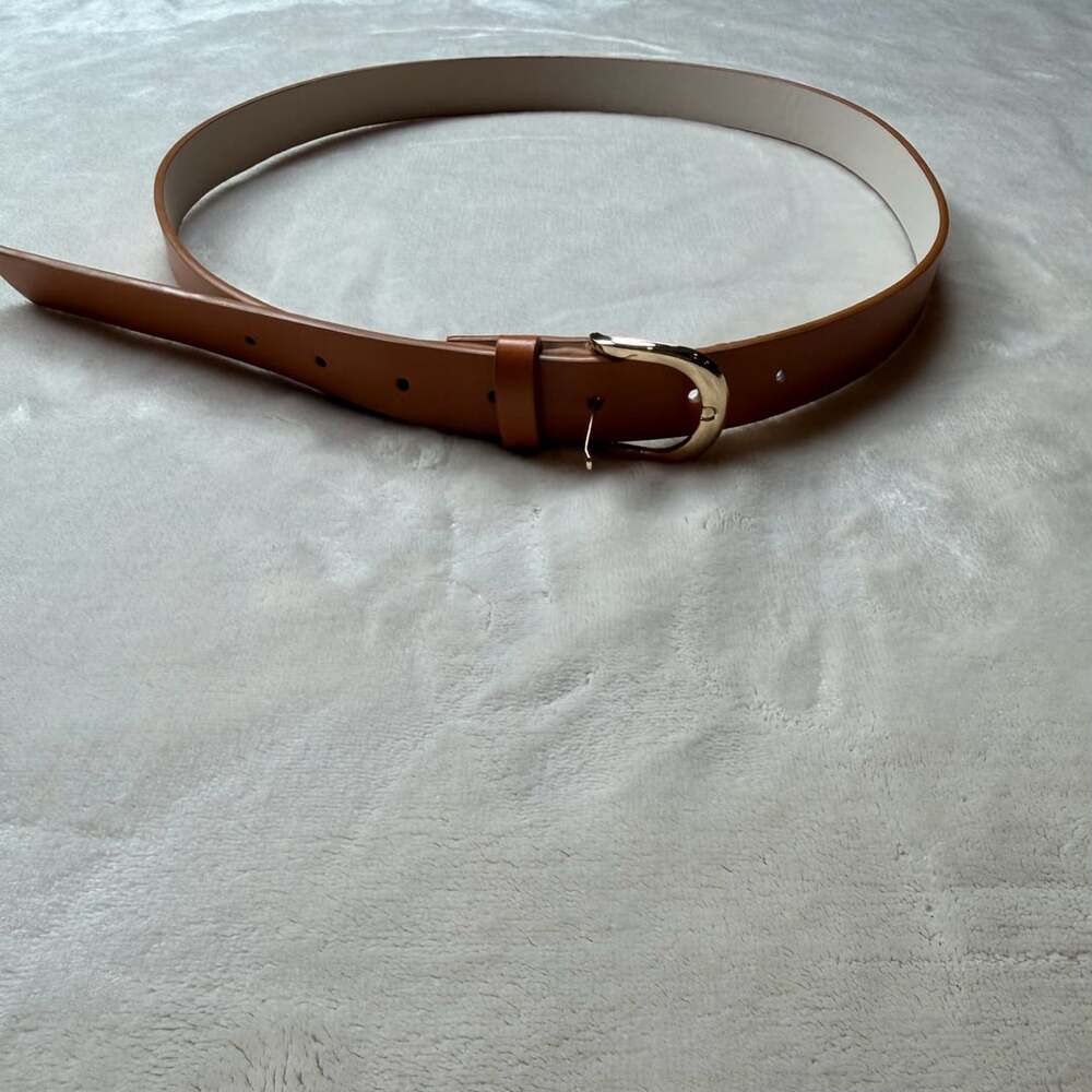 Women's Brown Leather Belt Gold Tone Buckle Size 43